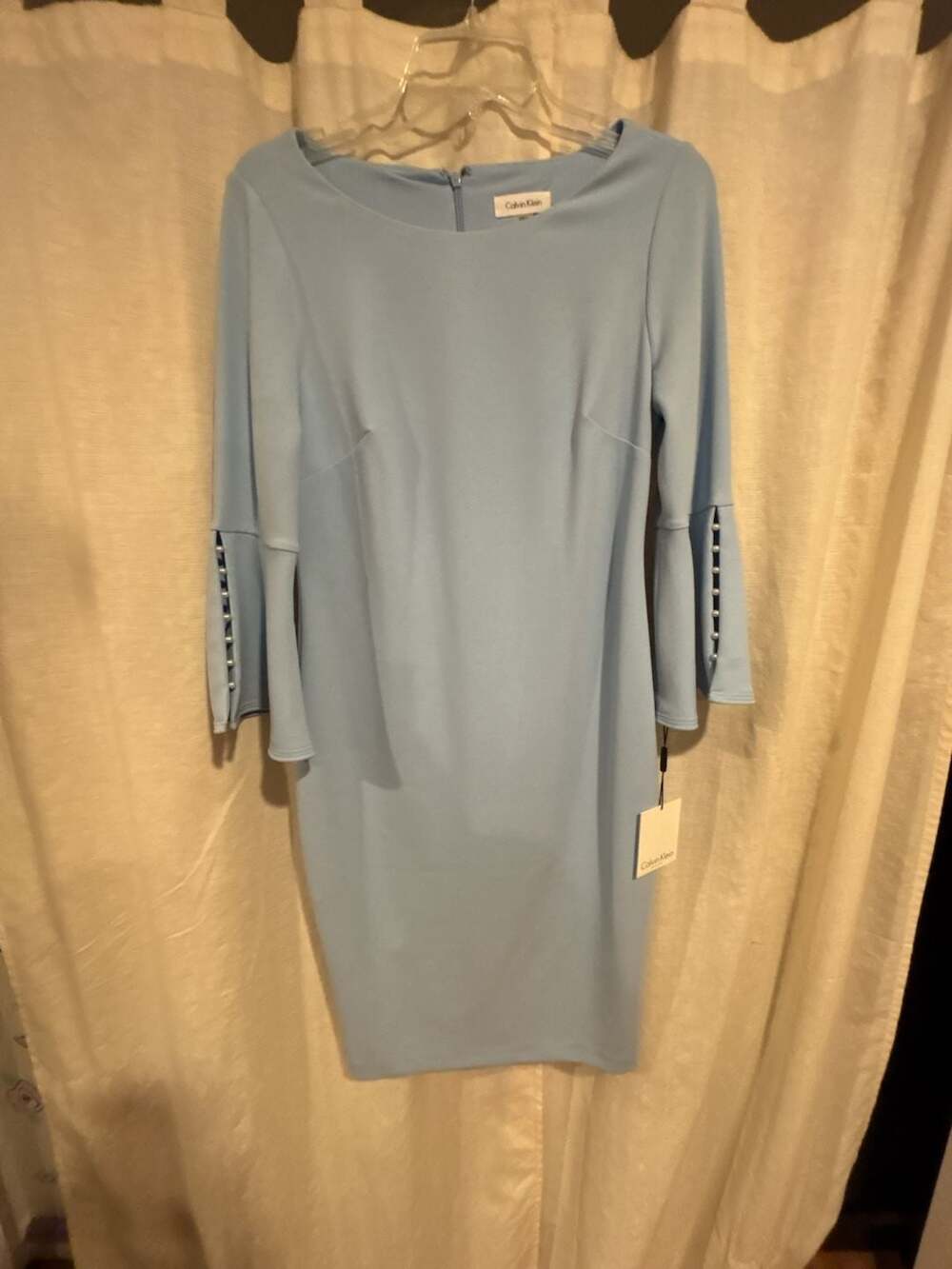 Calvin Klein Light Blue Sheath Dress with Pearl-Accent Bell Sleeves